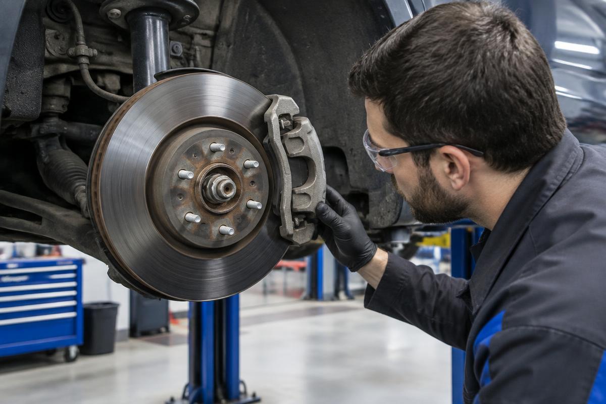Technician inspecting a brake rotor and caliper
