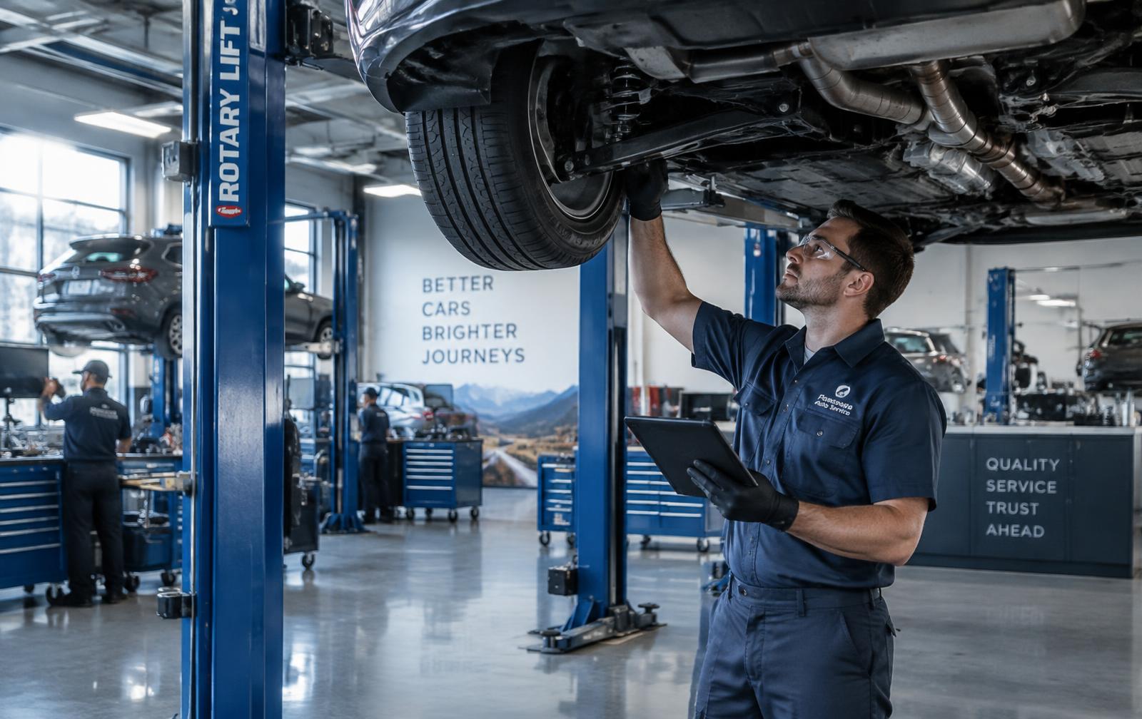 Technician inspecting a vehicle raised on a lift in a service bay